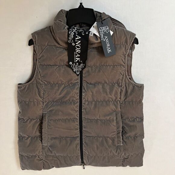 ANORAK Short Down Vest Women Sz X-Small Light Packable Dark Taupe - Picture 3 of 7
